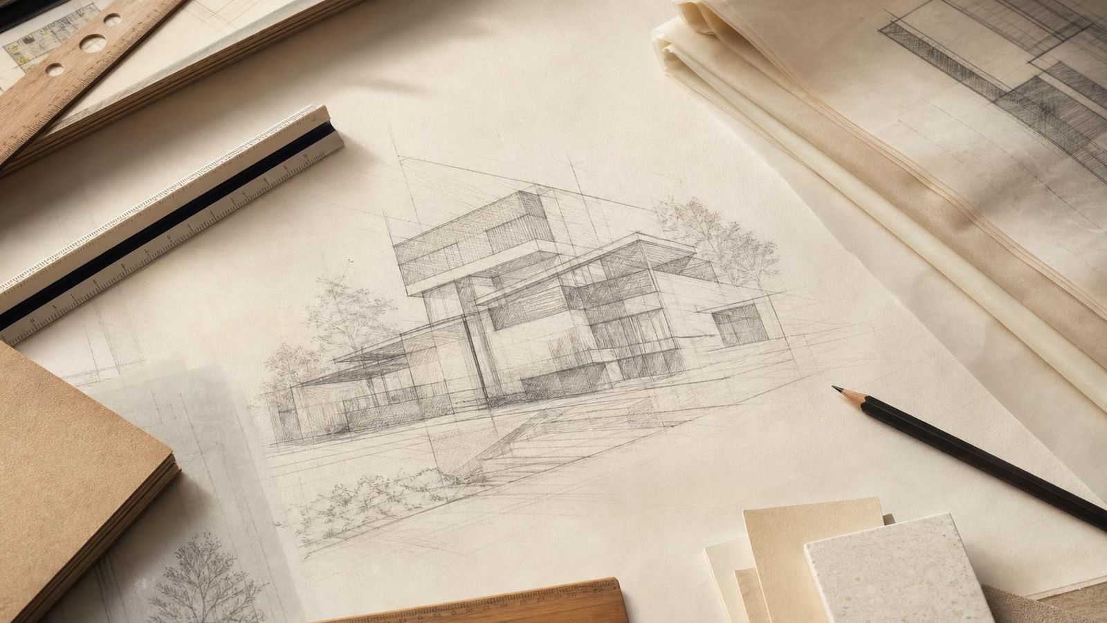 A small architecture project sketch with rulers, scale and a folded set of drawings