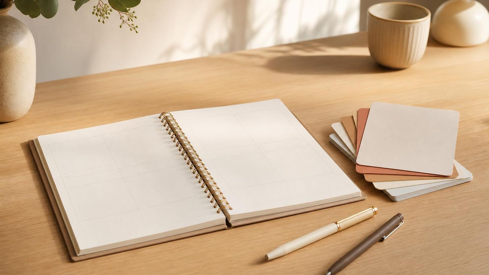 A composed workspace showing a notebook, a small whiteboard and a stack of study cards