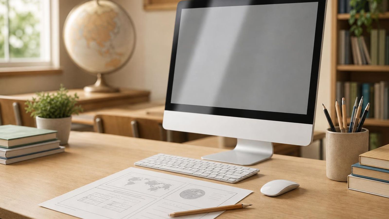 A laptop showing a learning resource page next to a notebook with planning marks