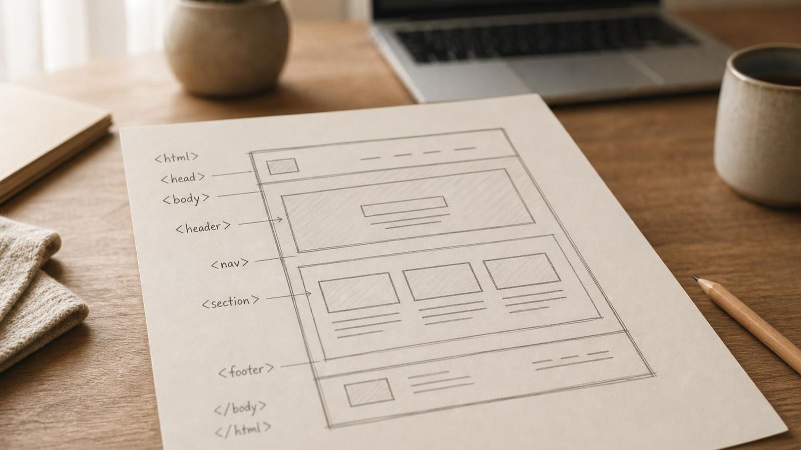 A sheet of paper with a hand-drawn HTML page skeleton next to a small laptop