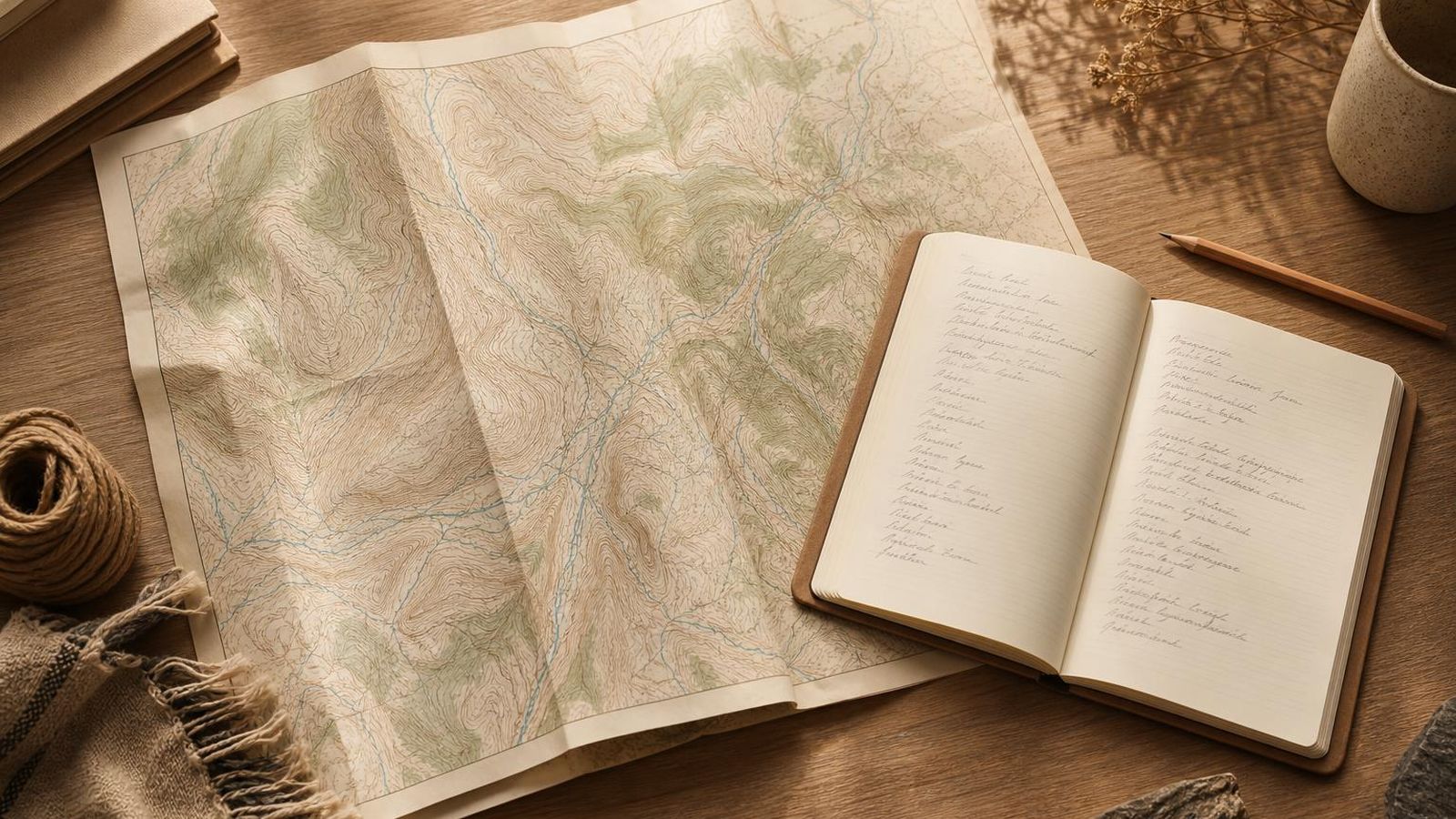 A folded paper map with a small notebook open to handwritten place names