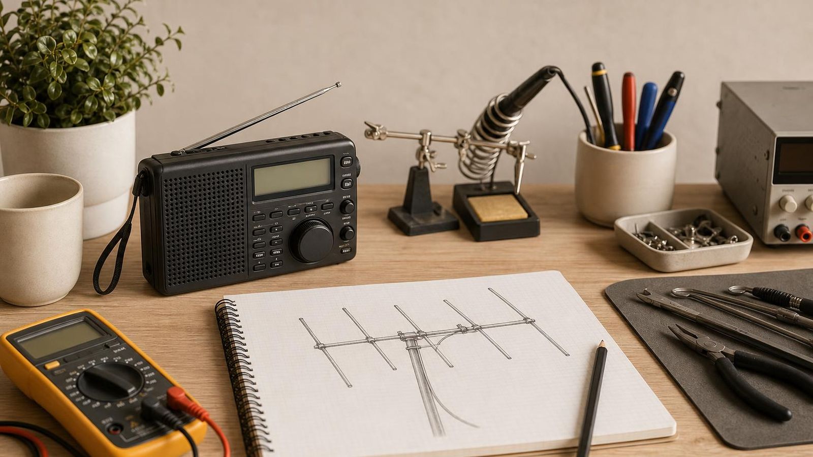 A clean workbench with a small radio receiver, a multimeter and a short Yagi antenna sketch on paper