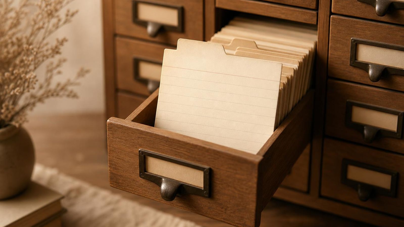 A printed index card catalogue with one card pulled forward