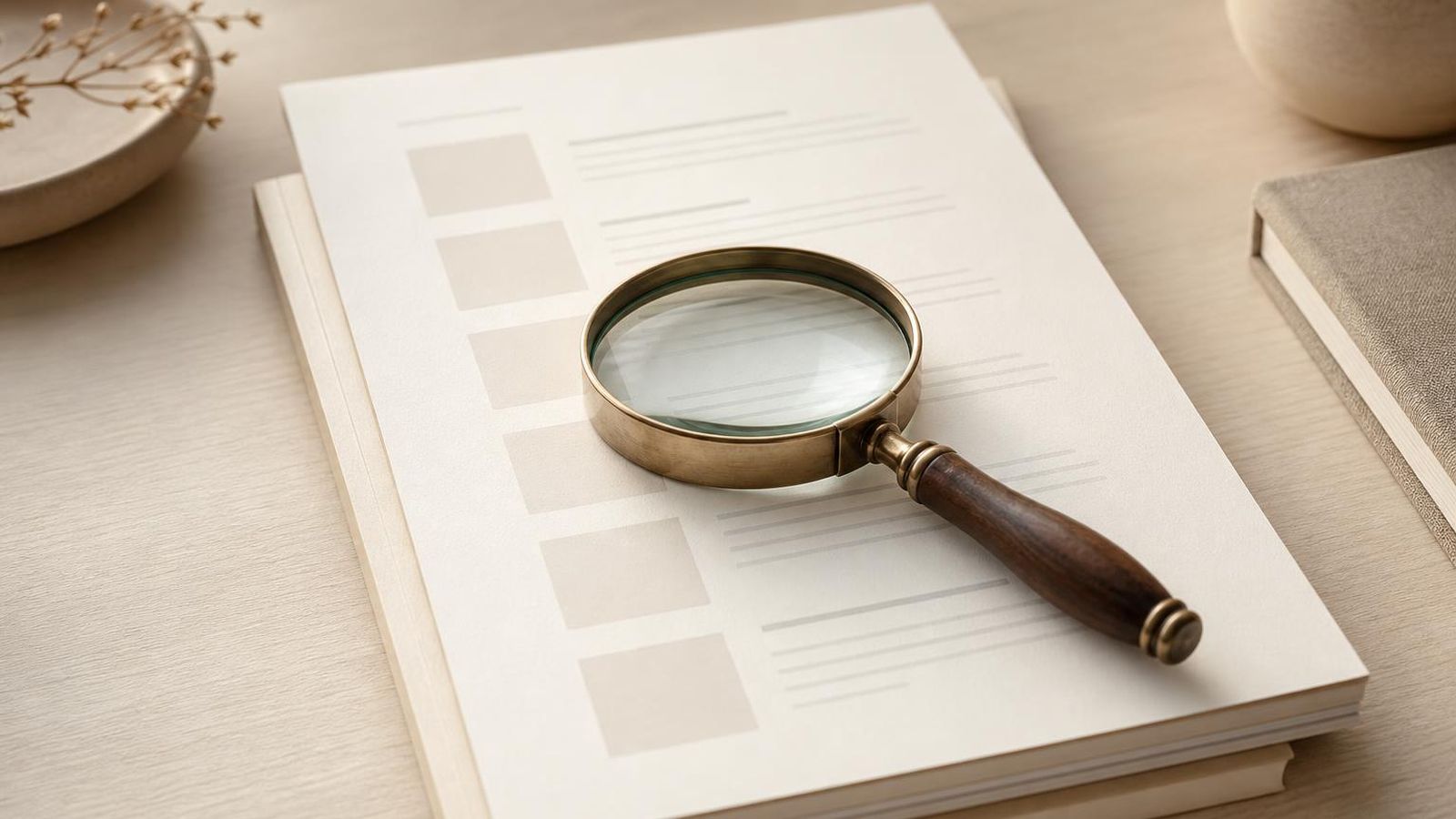 A magnifying glass resting on a printed list of page titles and short descriptions