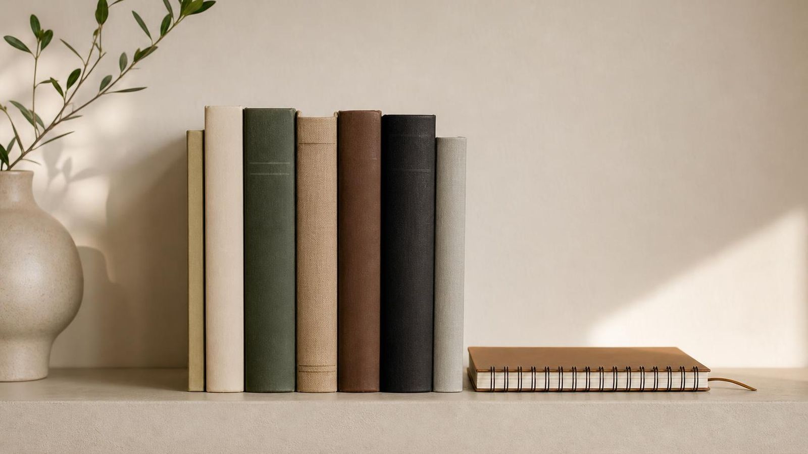 A short row of technical books on a plain shelf with a notebook beside them