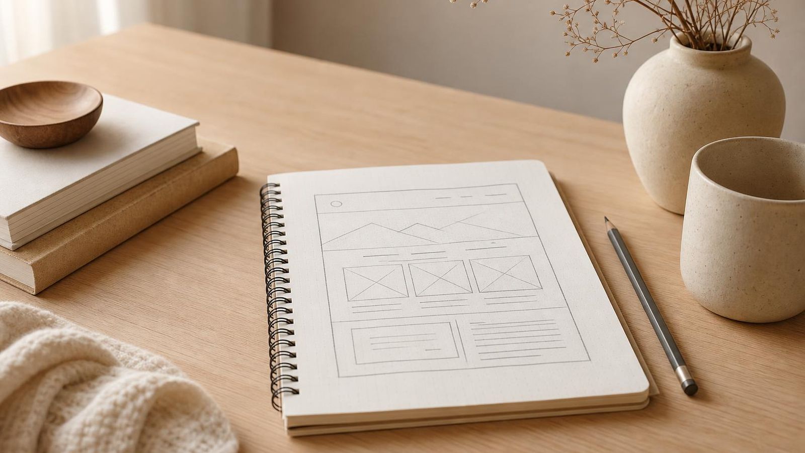 A small workstation with a notebook open to a sketch of a basic web page layout