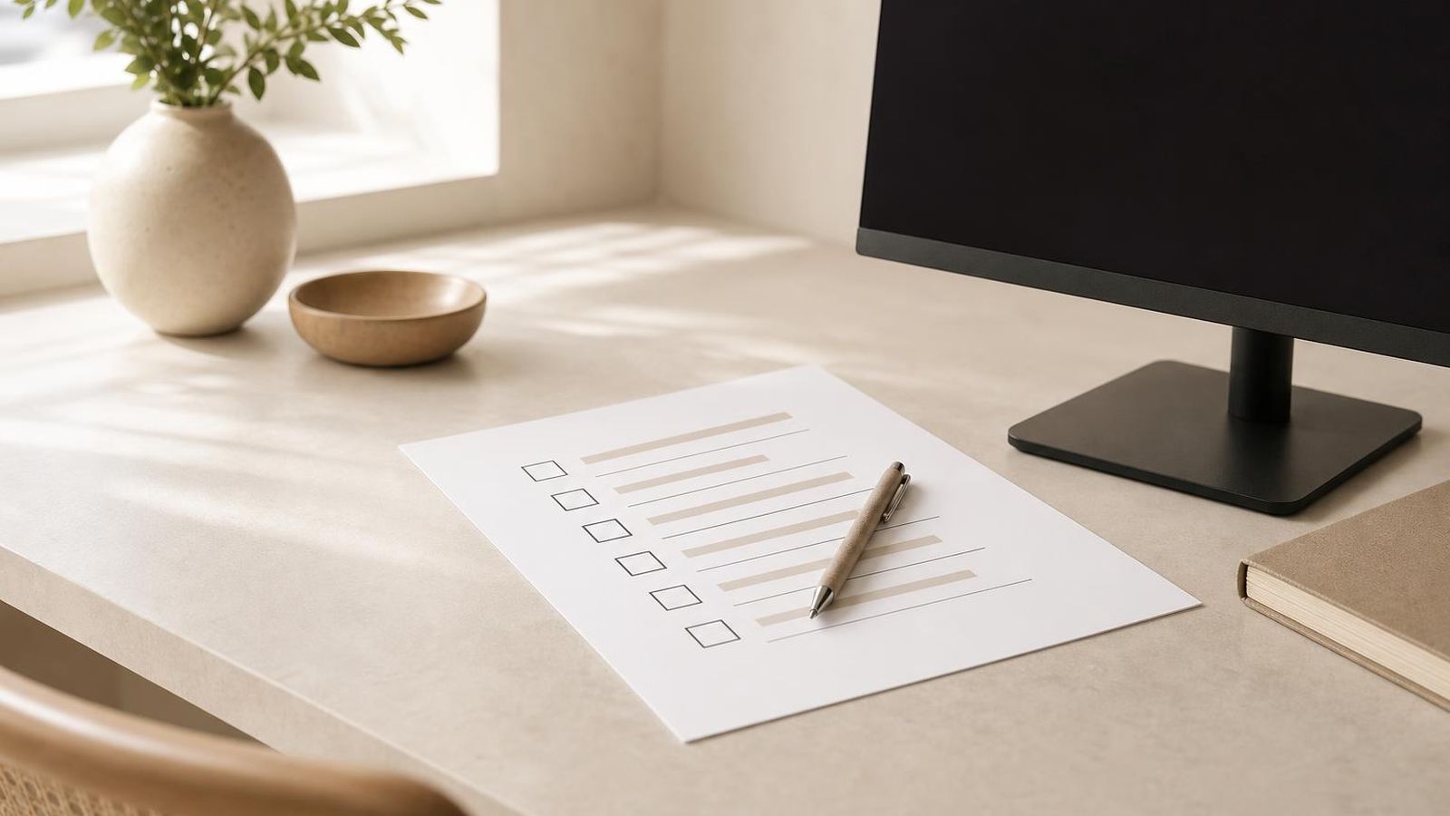A worktop with a printed accessibility checklist beside a small monitor